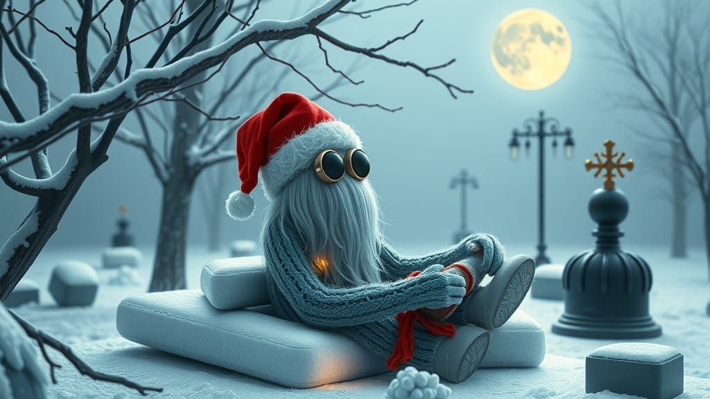 Whimsical Ood in Dystopian Winter Wonderland Wears Santa Hat