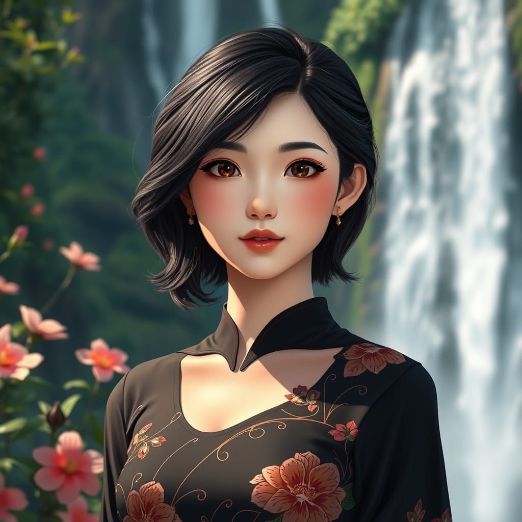 Surreal Thai Goddess Amidst Majestic Waterfall in Fantasy Ar...