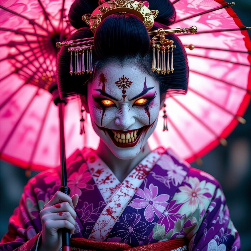 Terrifying Geisha Demon with Golden Eyes