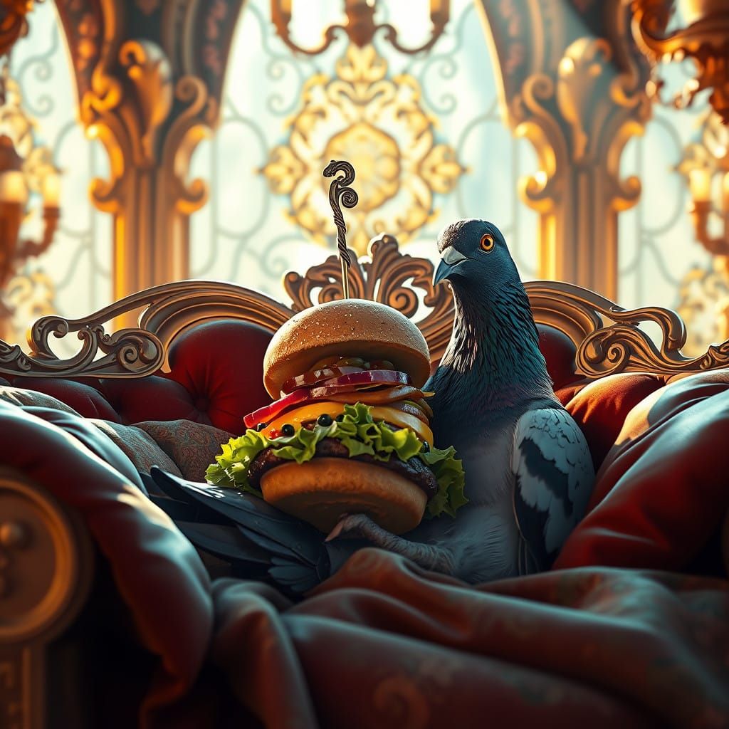 Serene Pigeon in Lavish Bed with Towering Burger