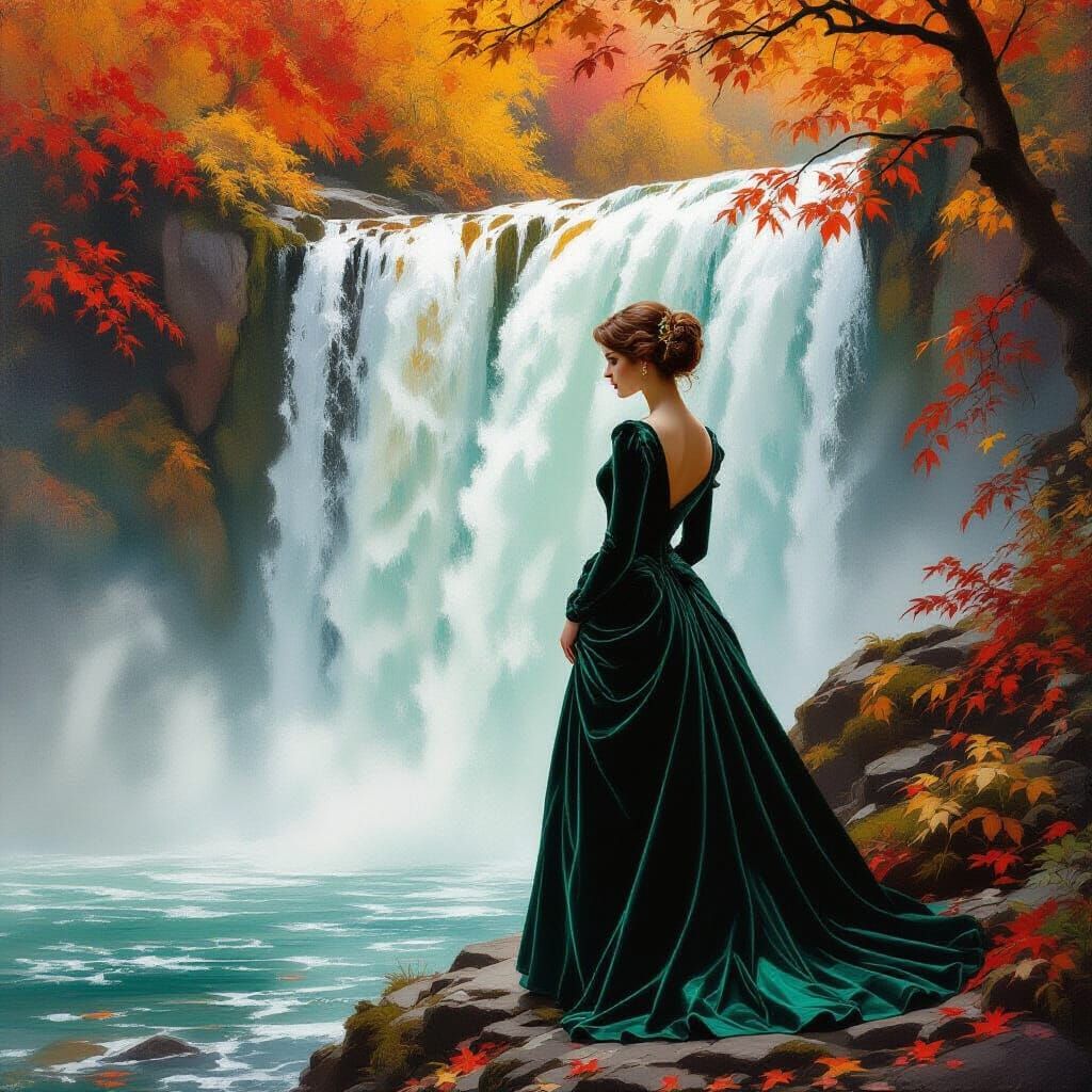 Woman in Emerald Gown by Waterfall in Autumn Oil Painting