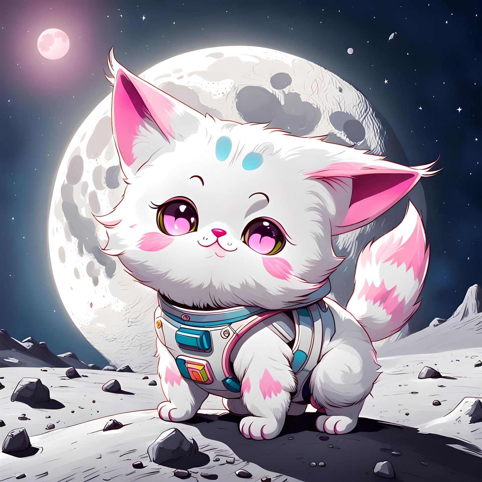 Pink-cheeked White Cat on the Moon