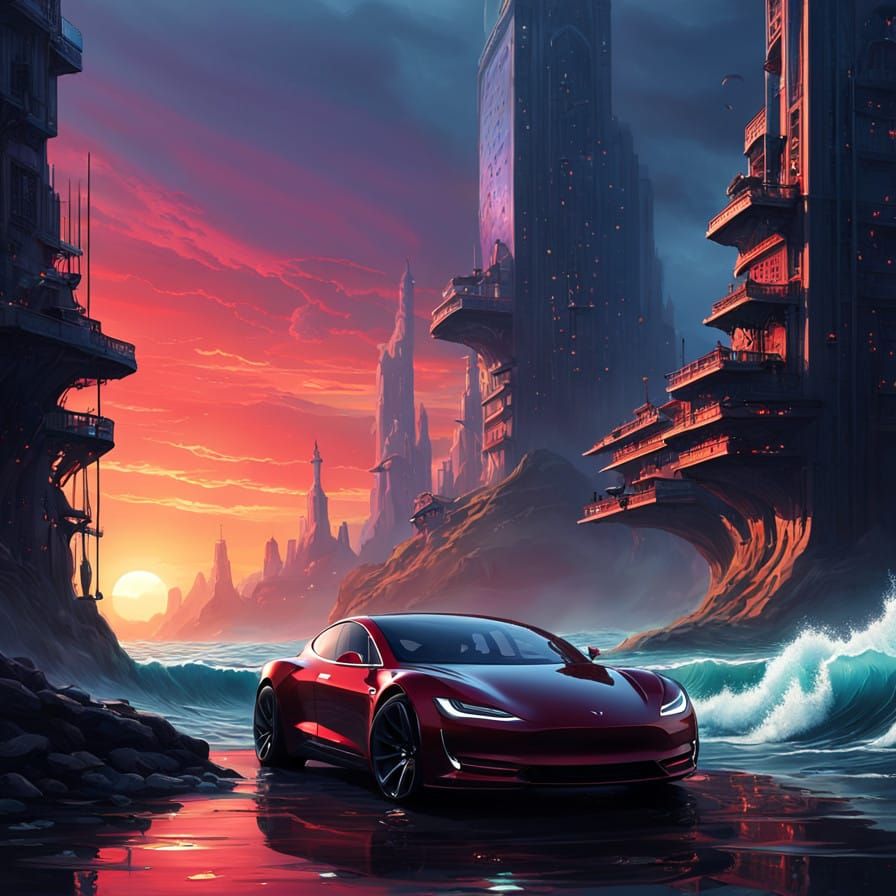 Crimson Tesla Speeds Through Sunset-Lit Seascape