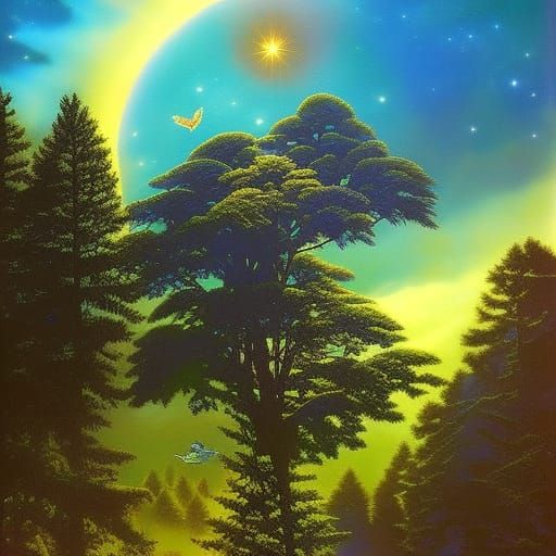 Astral Owl in Tree: Ethereal Fantasy Illustration