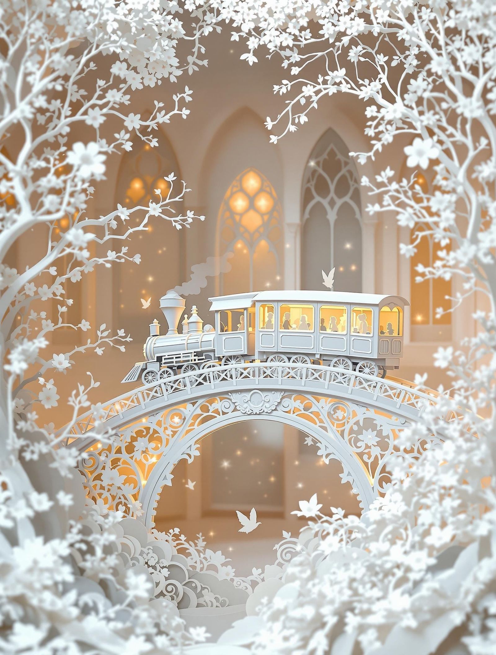 Whimsical White Paper Train Crossing Gothic Bridge