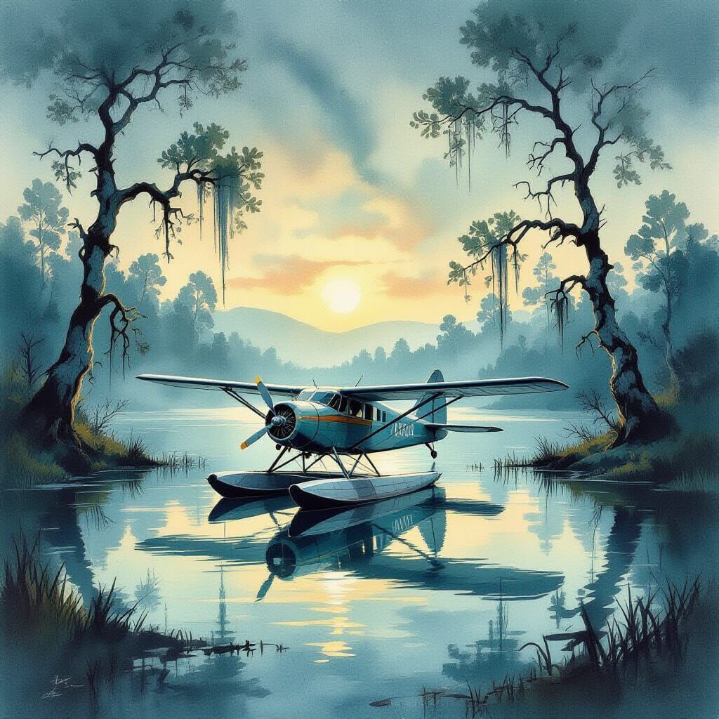 Weathered Seaplane on Misty Lake at Dawn