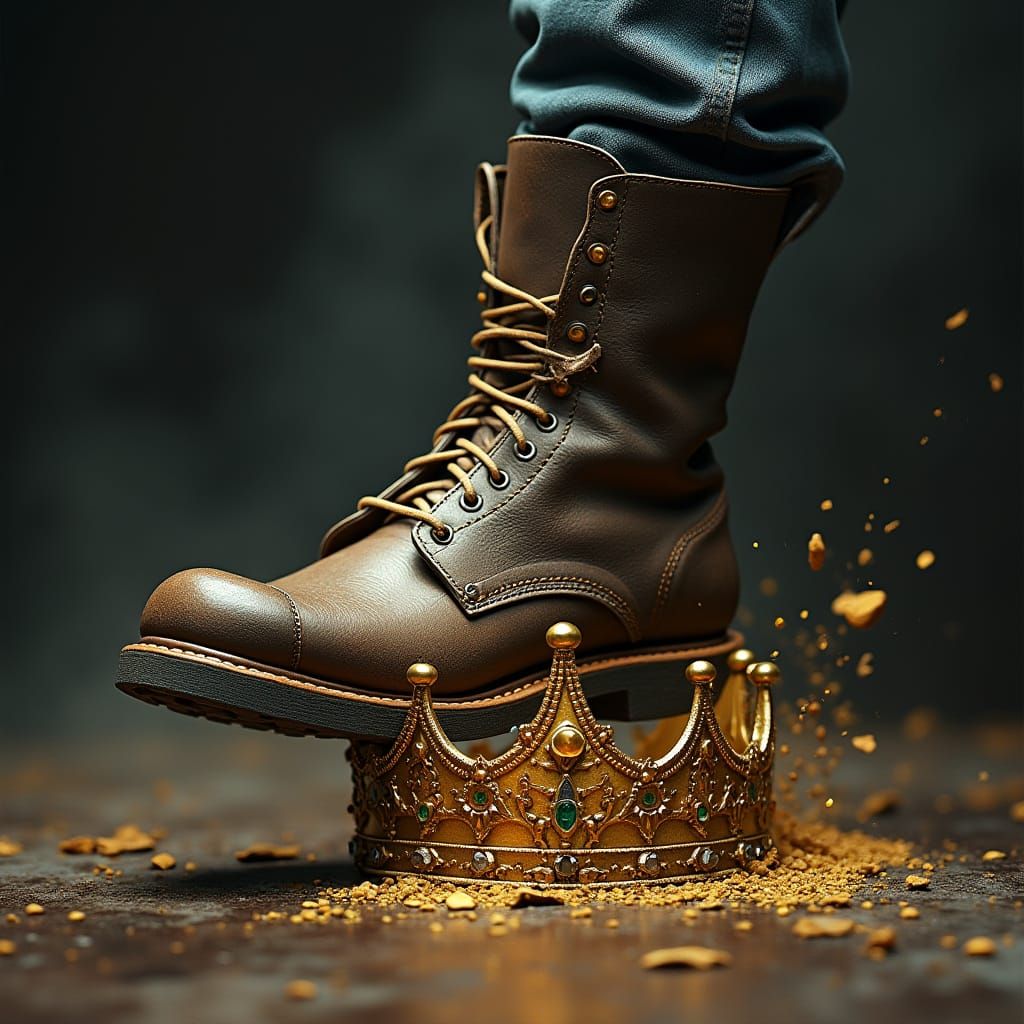 Boot Smashes Crown in Dystopian Scene