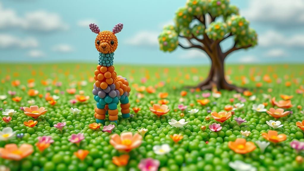 Beaded Meadow with Fantasy Animals in Hyperrealistic Style