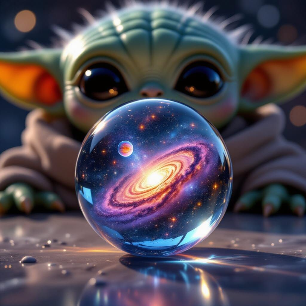 Glowing Galaxy Sphere Watched by Grogu