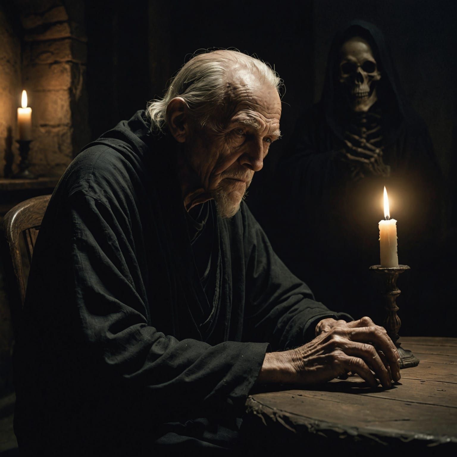 Ancient Man and Grim Reaper in Shadow