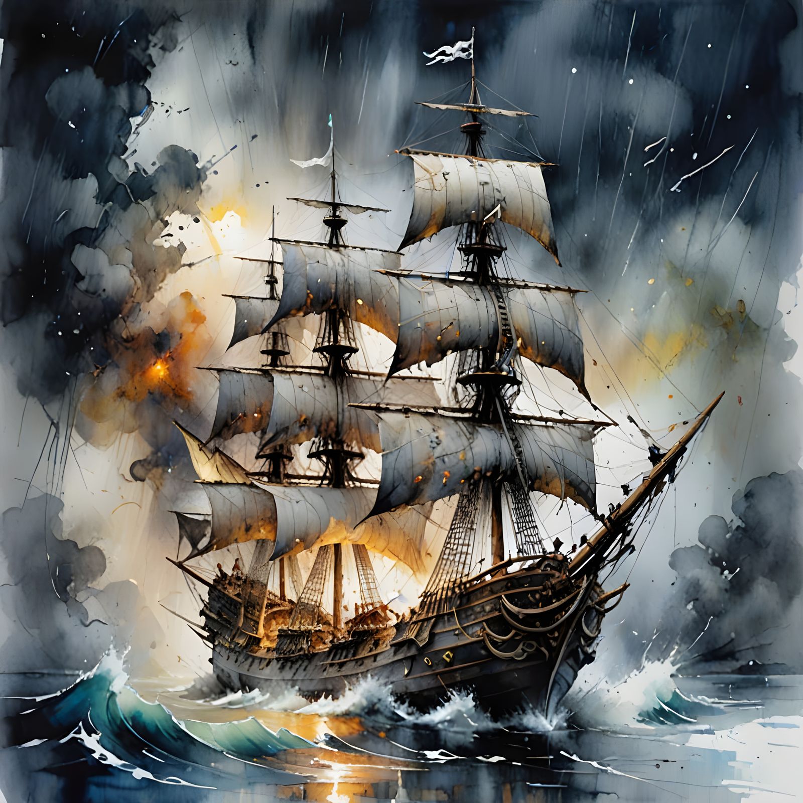 Stormy Night Pirate Ship in Watercolour Style