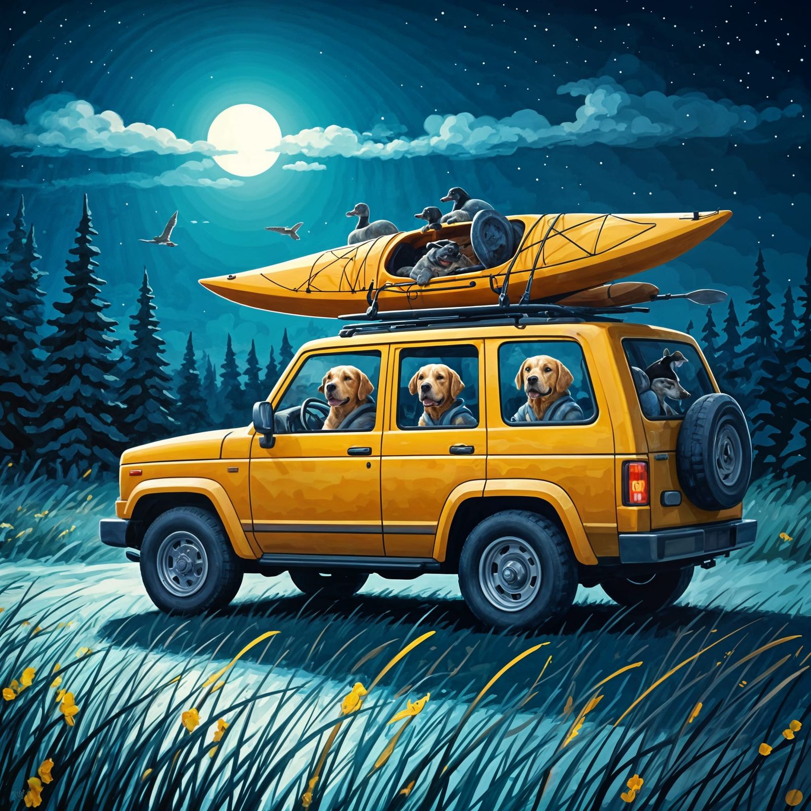 Dreamy Nighttime Scene with Dogs Driving a Yellow SUV