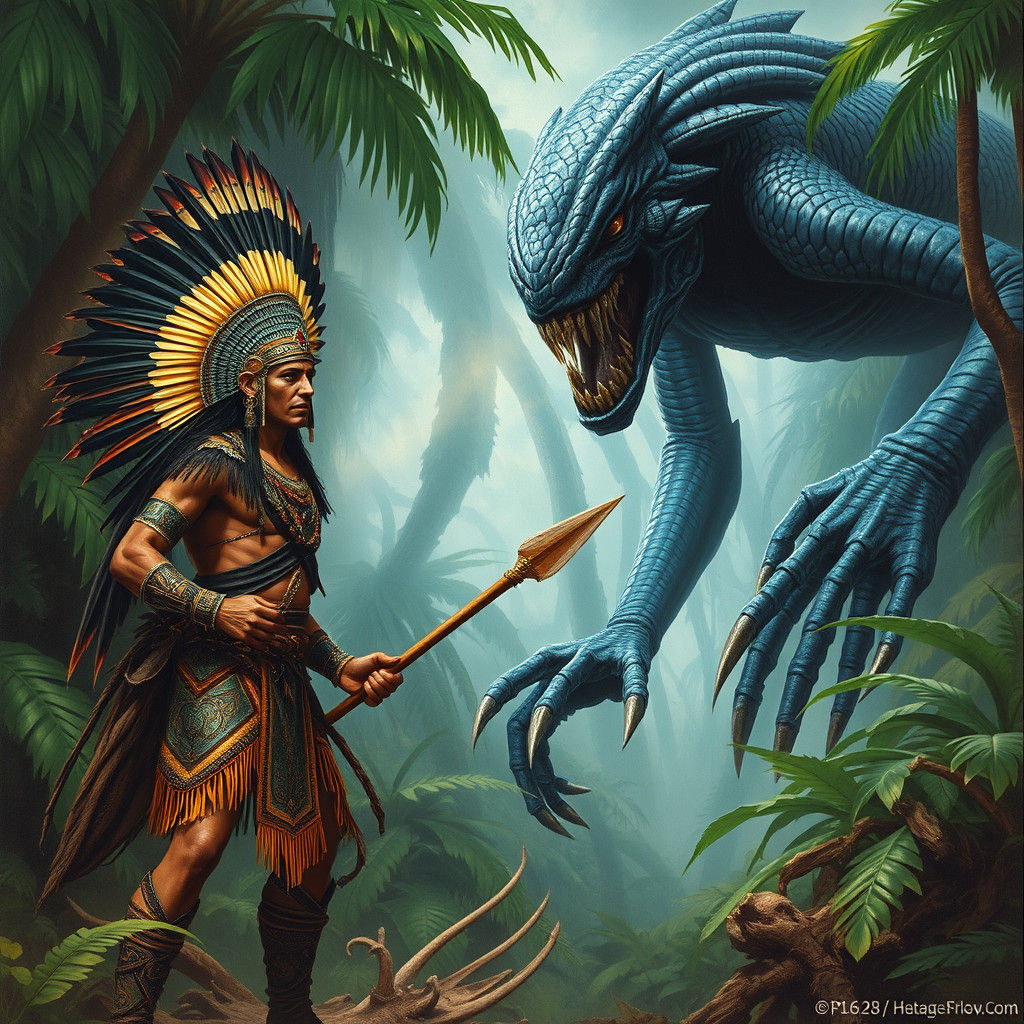 Mayan Warrior Confronts Alien in Jungle, Dark Biomechanical ...