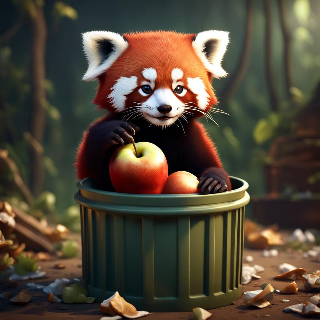 Cute Red Panda in Trash Can, Detailed Matte Painting