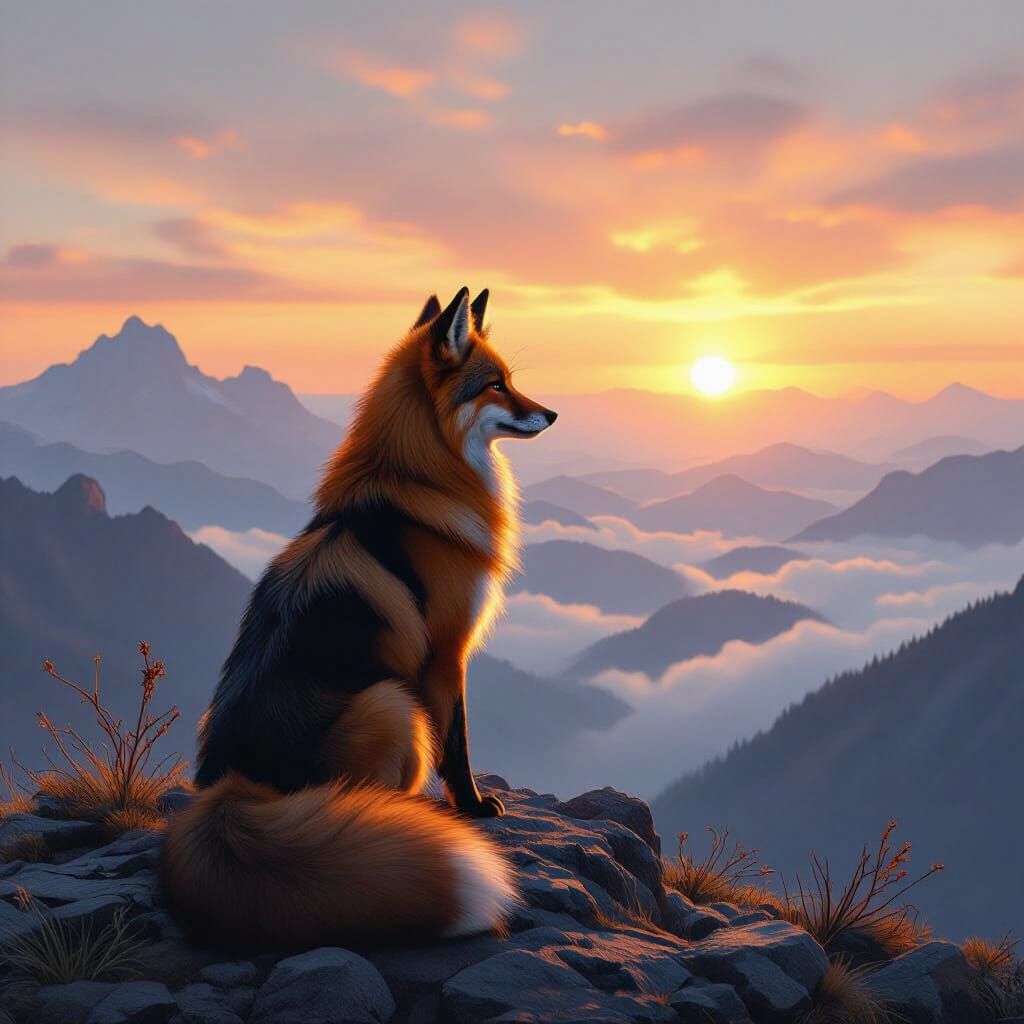 Fox German Shepherd Hybrid on Mountain Summit at Sunset