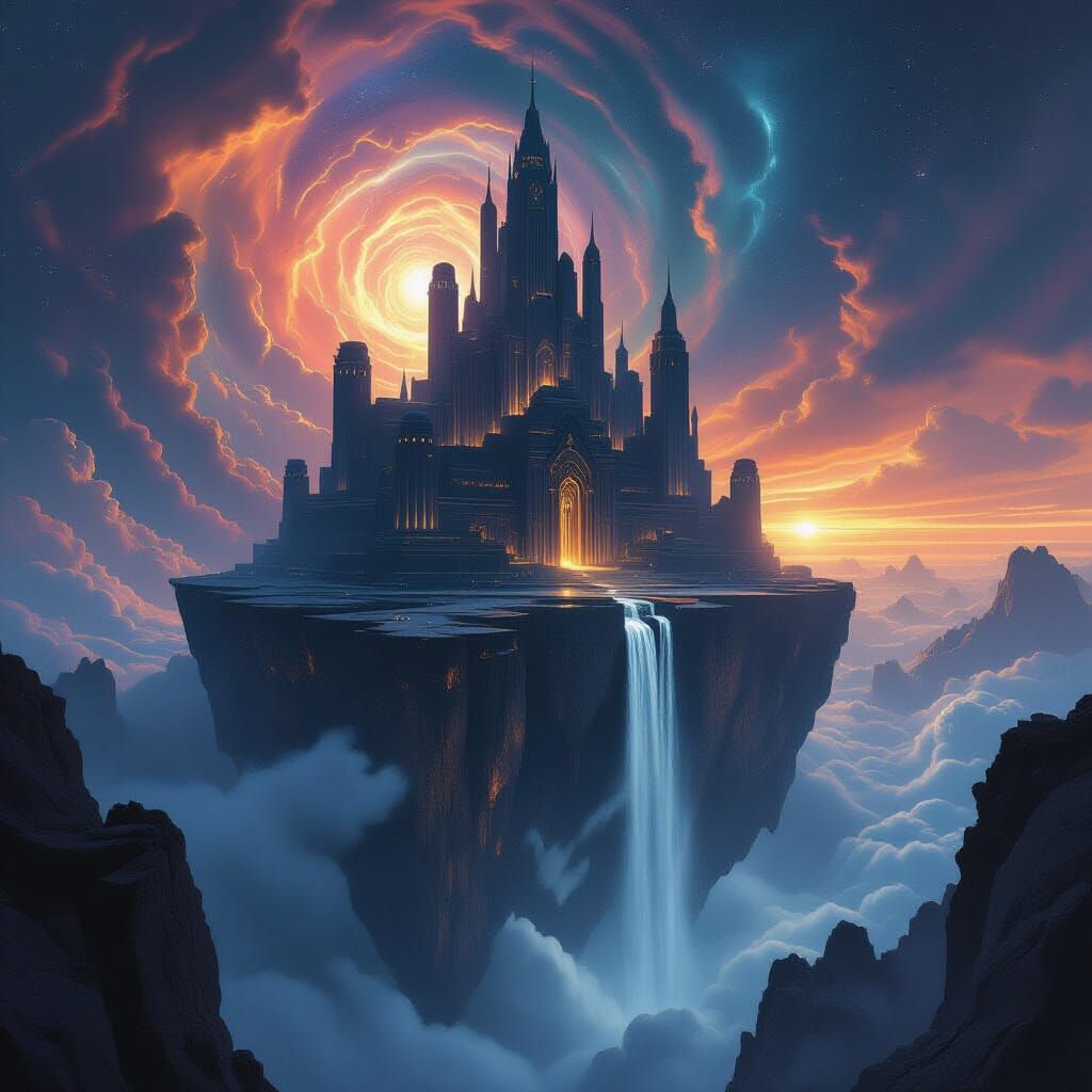 Ancient Obsidian Fortress on Floating Island in Cosmic Nebul...