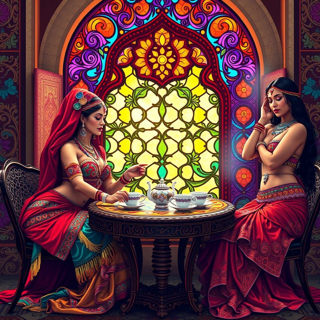 Mystical Tribal Dancers Amidst Vibrant Moroccan Patterns