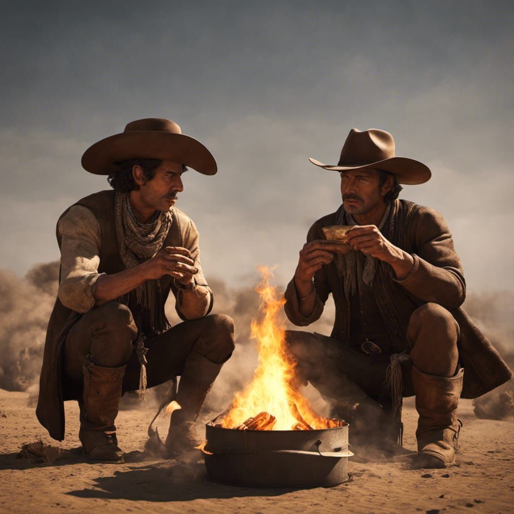Cowboys at Bonfire in American Desert