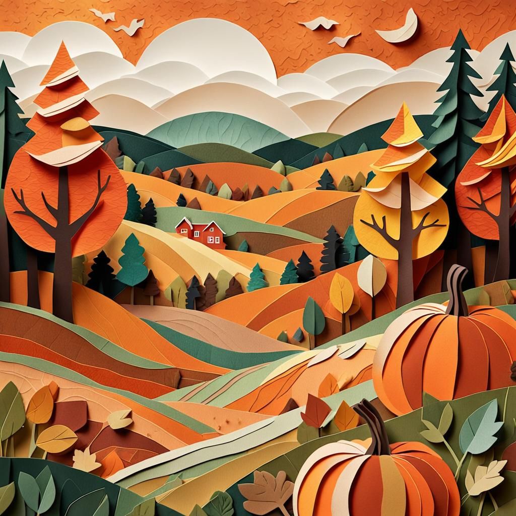 Whimsical Autumn Pumpkin Patch Paper Collage Art