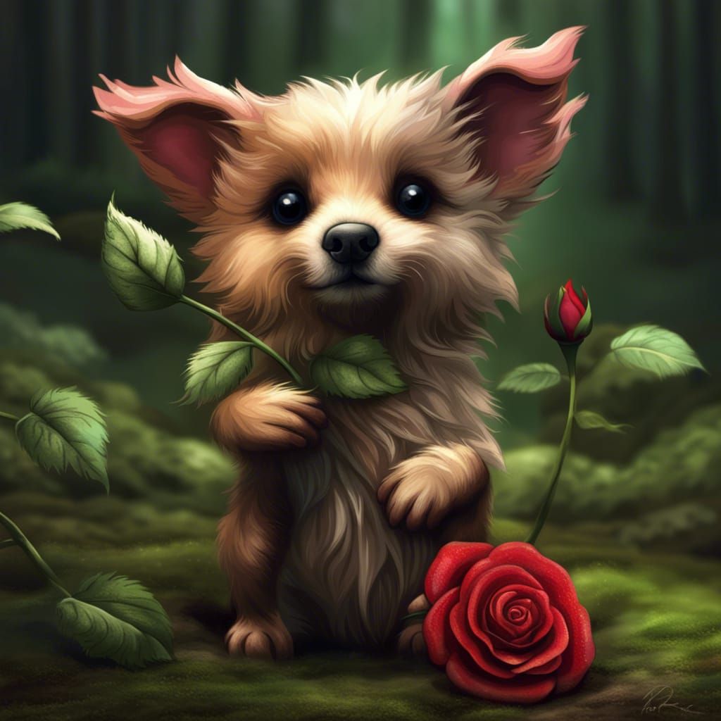 Enchanting Furry Puppy Creature with Rose in Forest
