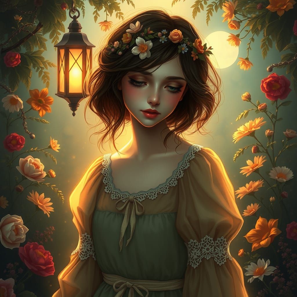 Melancholic Woman in Gothic Garden, Ethereal Victorian Style