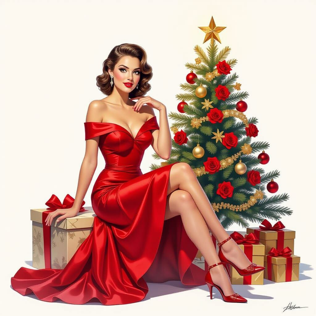 Elegant Woman in Red Dress by Christmas Tree