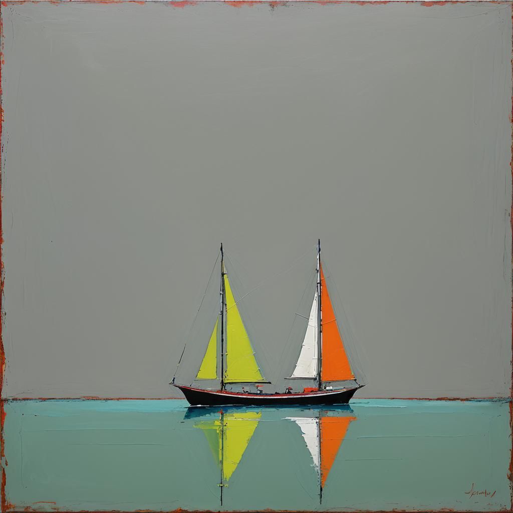 Sailboat Abstract Minimalism with Neon Accent as Oil Paintin...