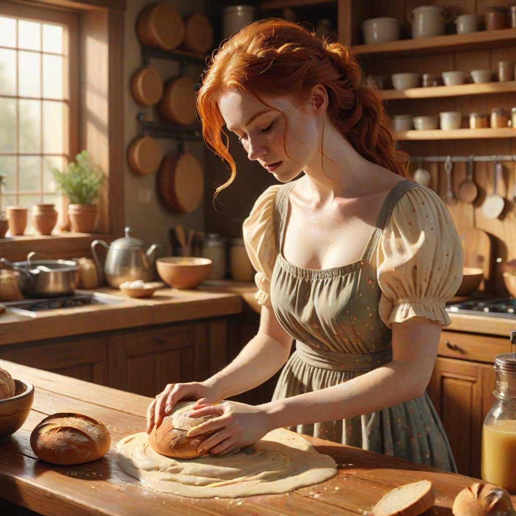 Redhead Tradwife Kneading Bread: Hyperrealistic Concept Art