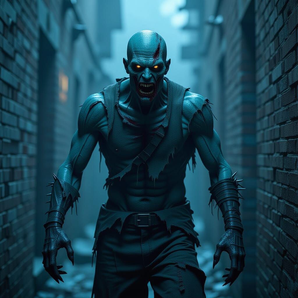 Steroid Zombie Man With Spiked Claws in Misty Alley