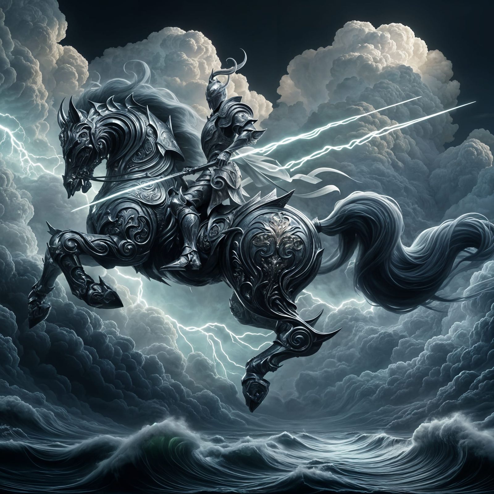 Silver Knight Rides Through Fantasy Storm