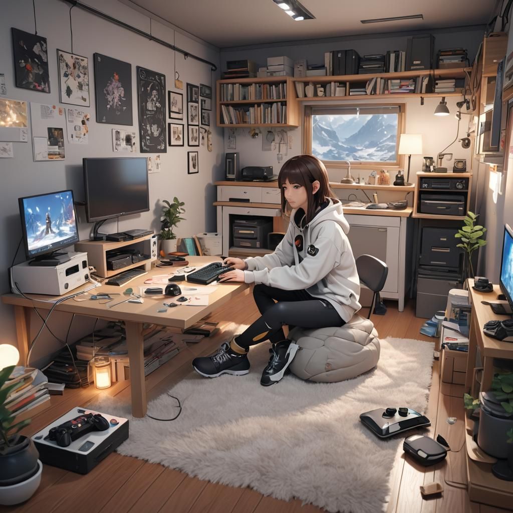 Cozy Gaming Scene in 3D Anime Art Style