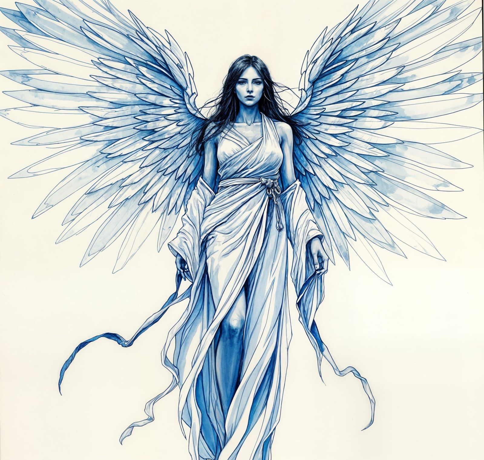 Majestic Azure Winged Woman in Ink