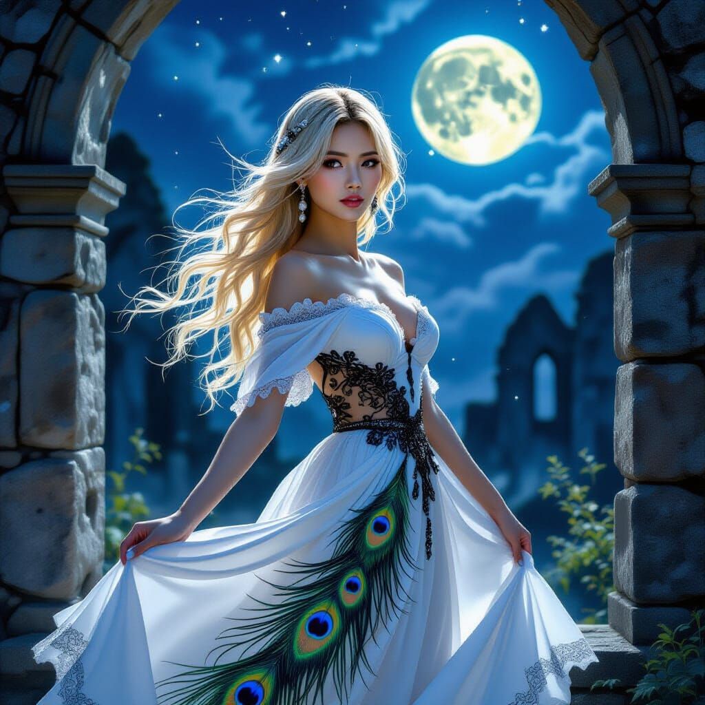 Asian Woman Dancing with Peacock Feathers in Stained Glass S...