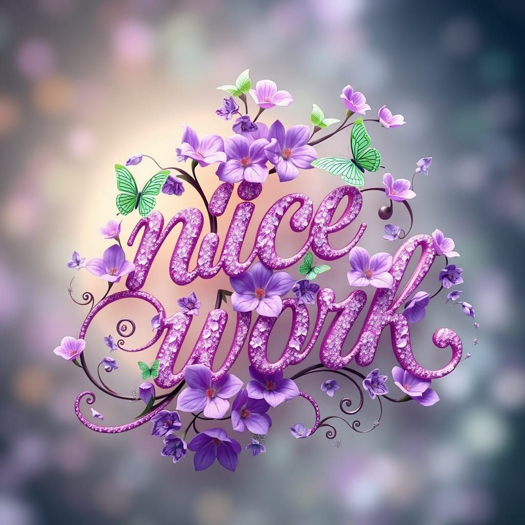 Delicate 3D anime-style cursive script of the words "nice wo...