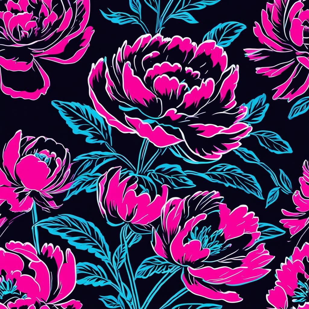 Neon Silhouette Peony Flower Art