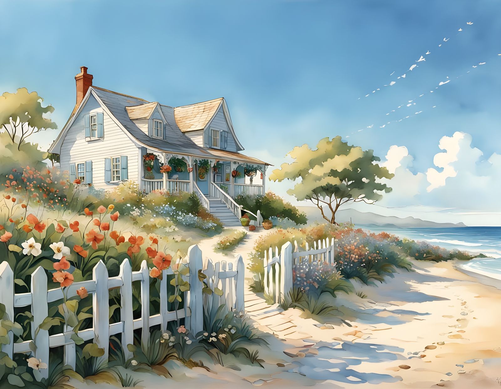 Cozy Beach Cottage in a Vibrant Watercolor Aesthetic