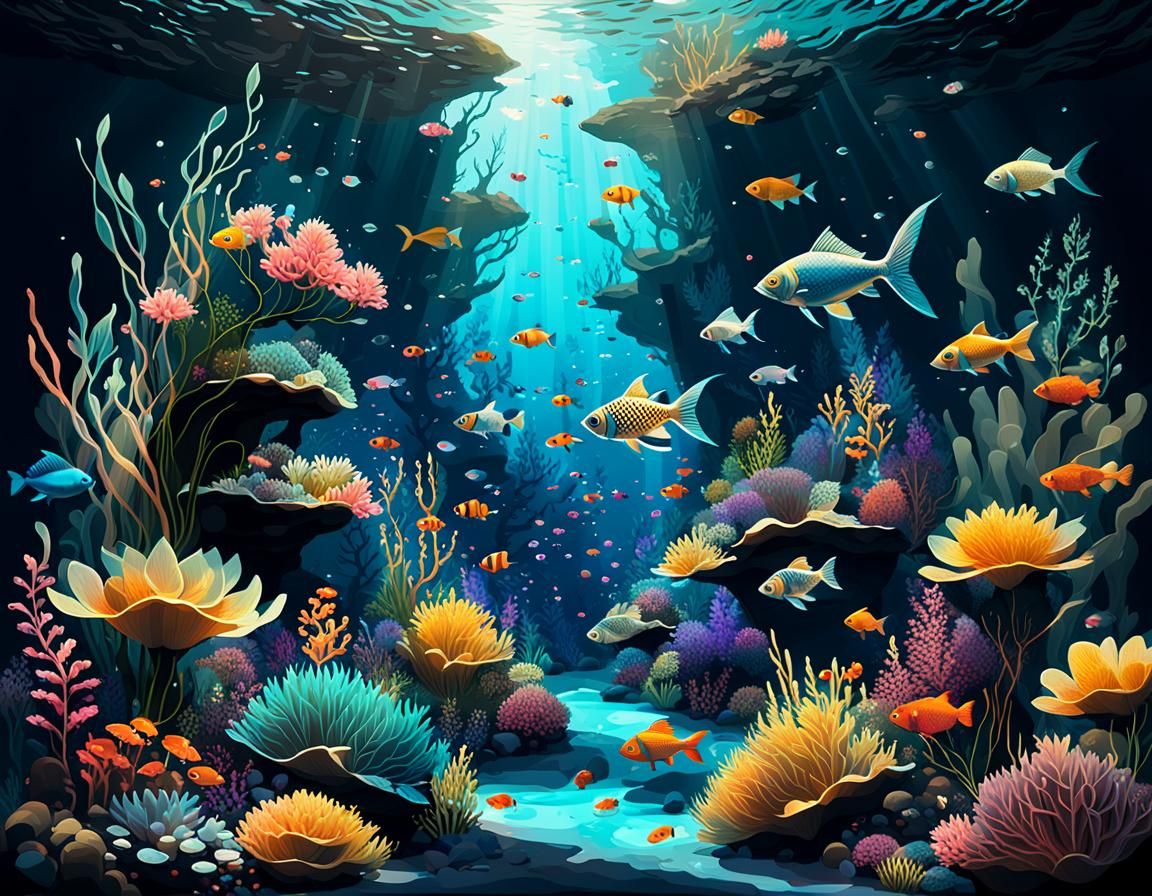 Enchanted Underwater Flower Garden with Fish