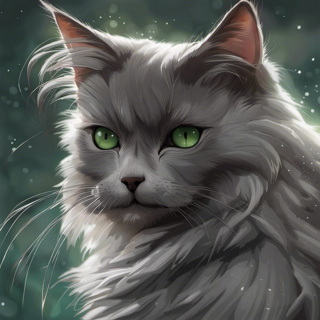 Hyperrealistic Fluffy Gray Cat in Anime Style