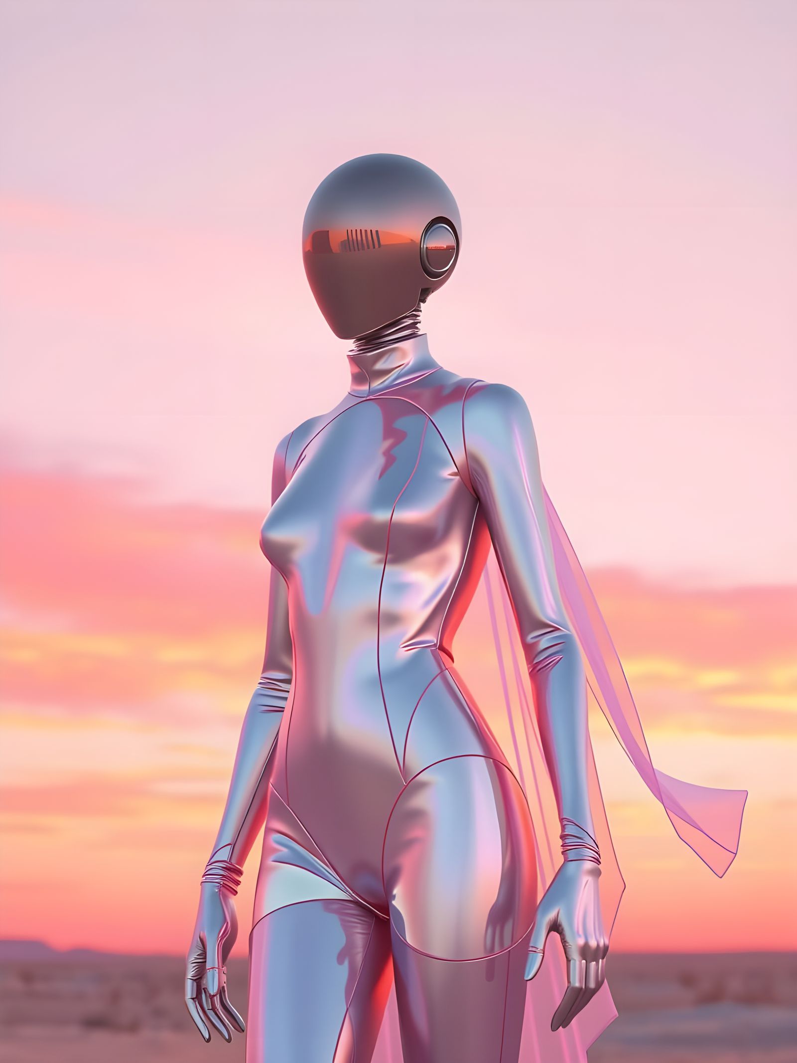 Elegant Android in Iridescent Pastel Desert Sunset