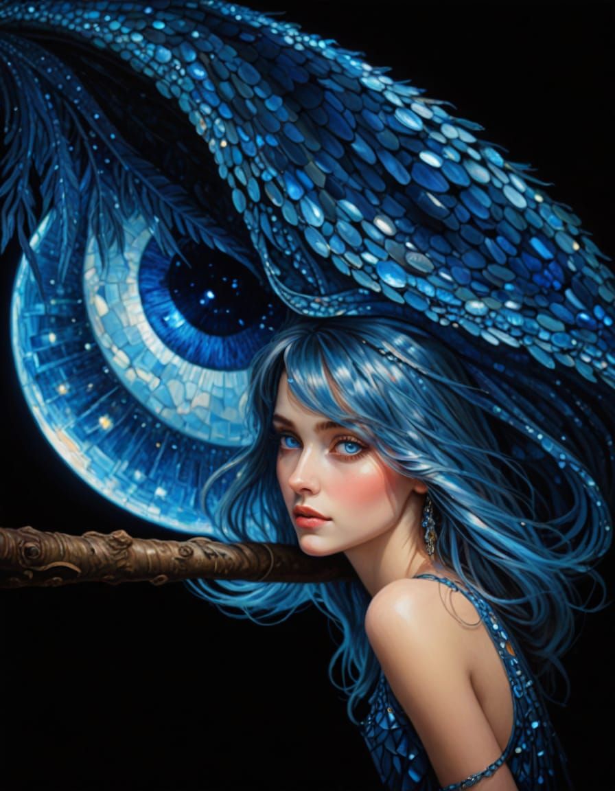 Elegant Portrait of Woman with Blue Eyes as Mosaic Art