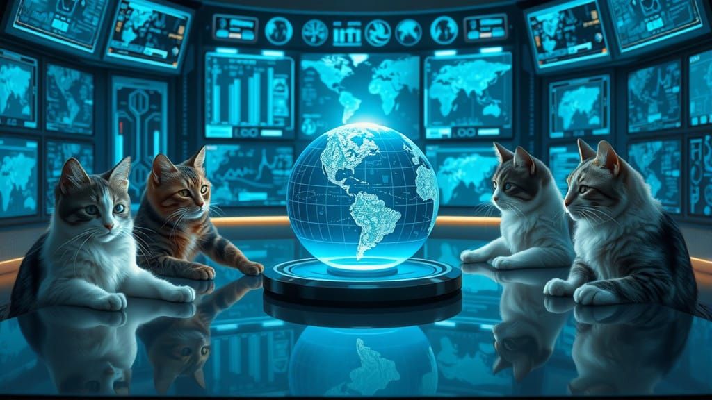 Feline Overlords Strategize Global Domination in Futuristic...