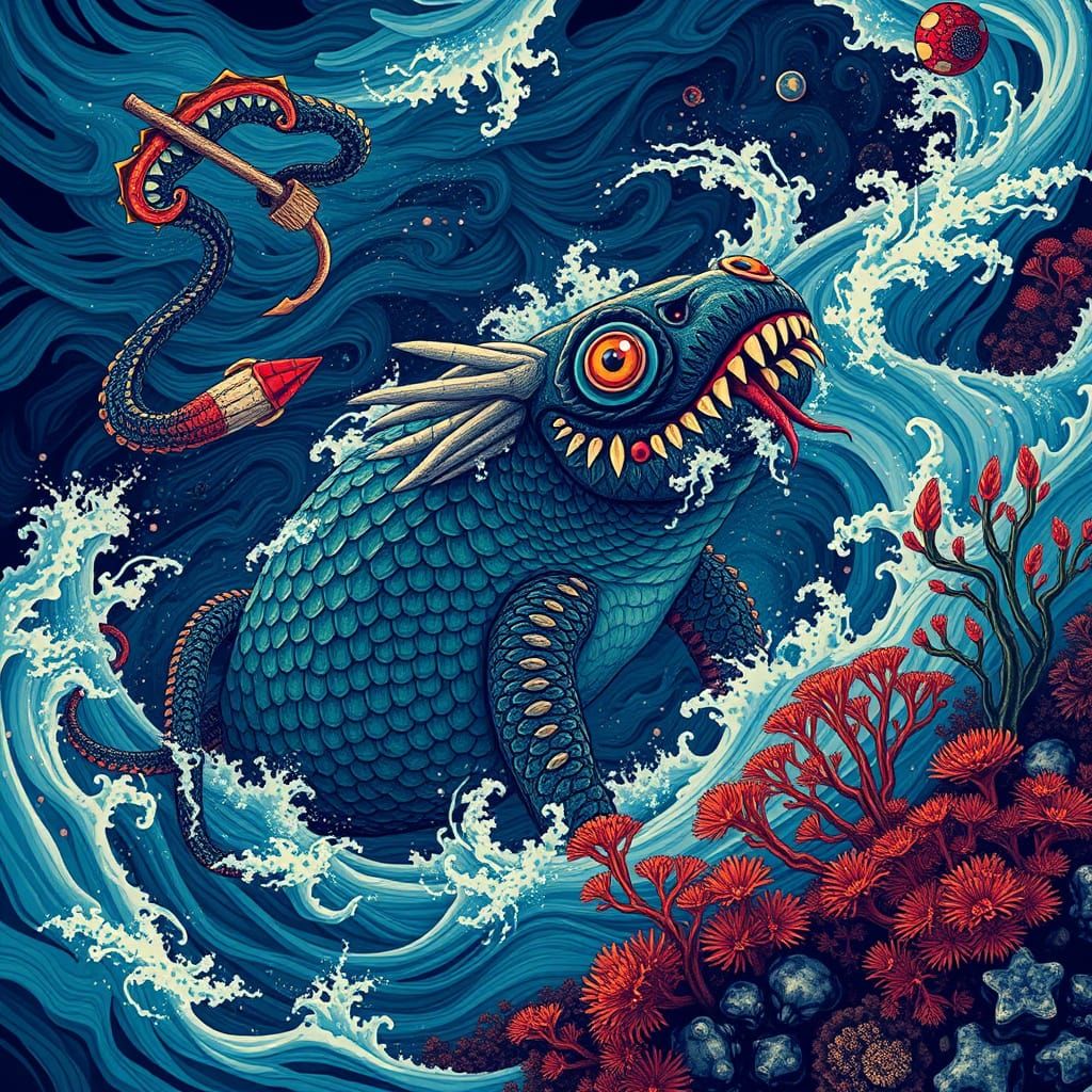 Taniwha in Turbulent Waters: A Digital Art Fusion