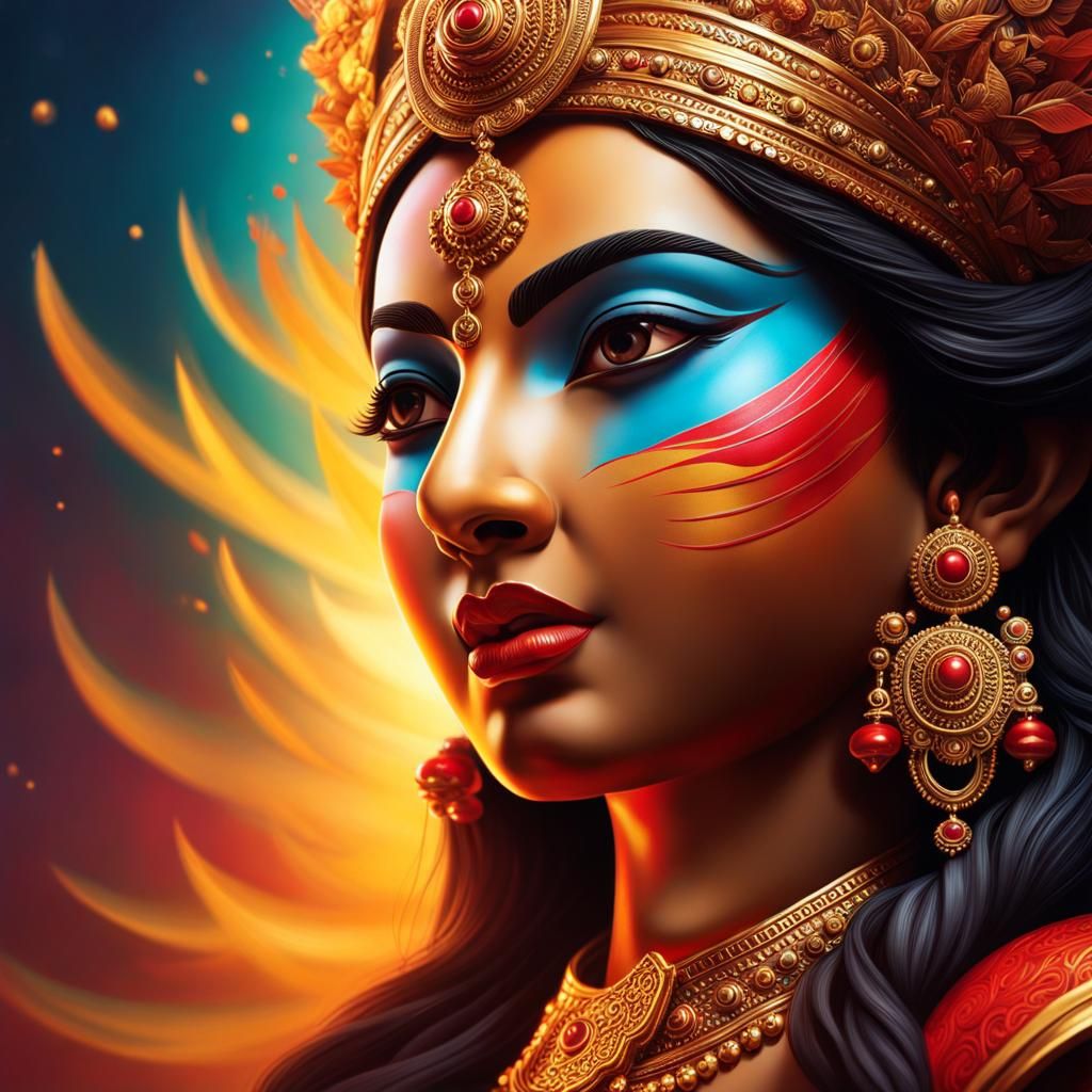 Intricately Detailed Portrait of Durga as Splash Art