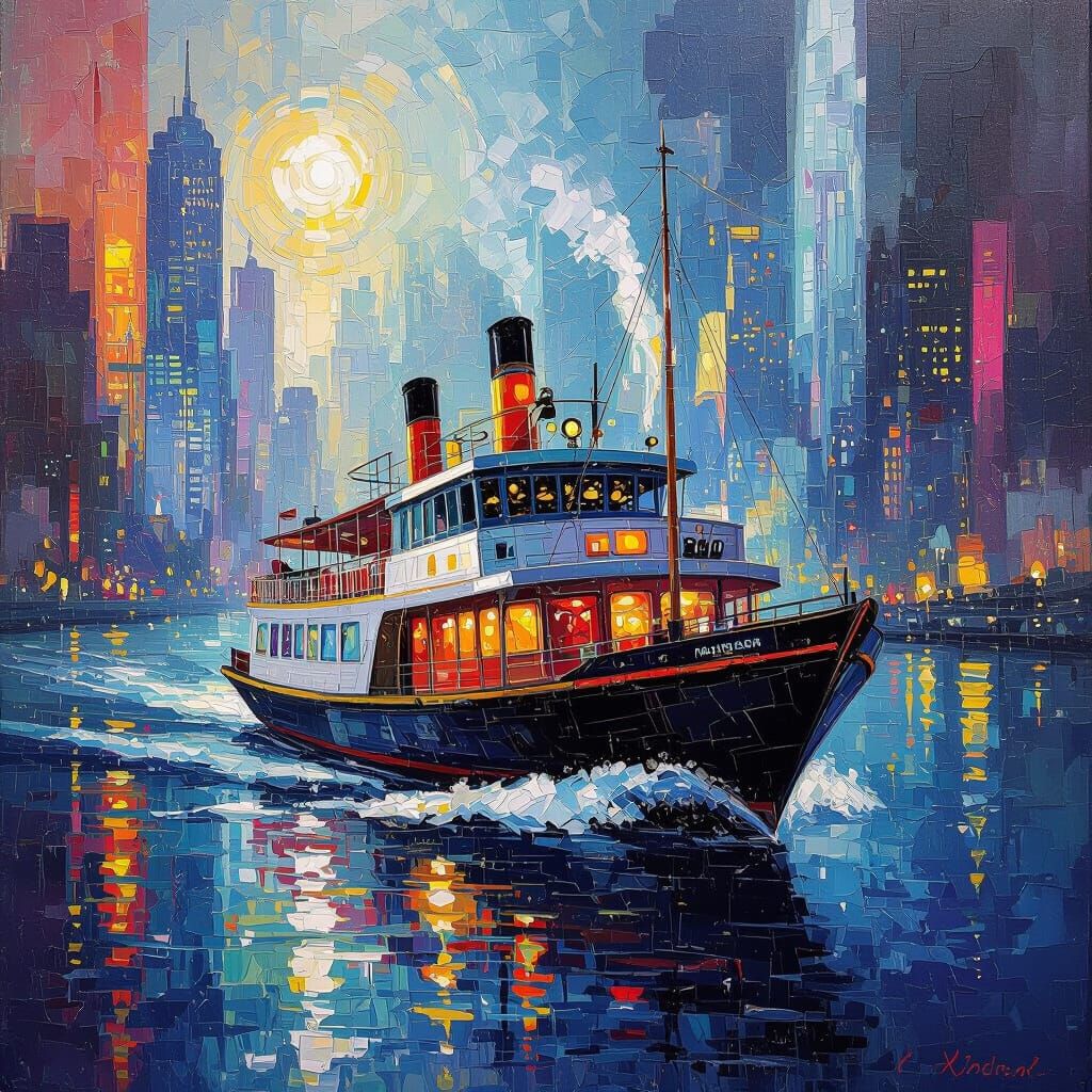 Surreal Steamboat Sails Through Futuristic City as Oil Paint...