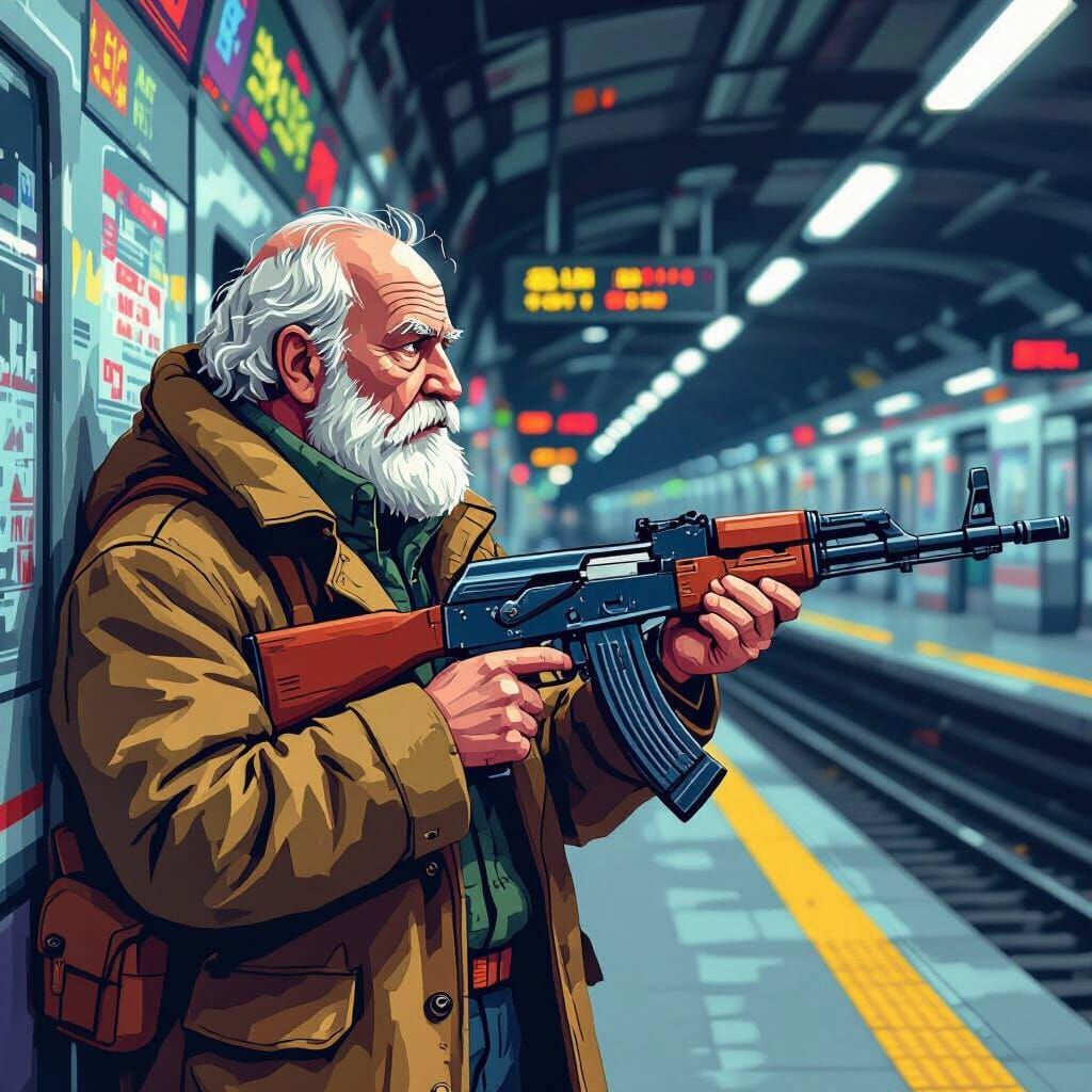 Grandpa Ivan with AK-47 in Metro, Pixel Art Style