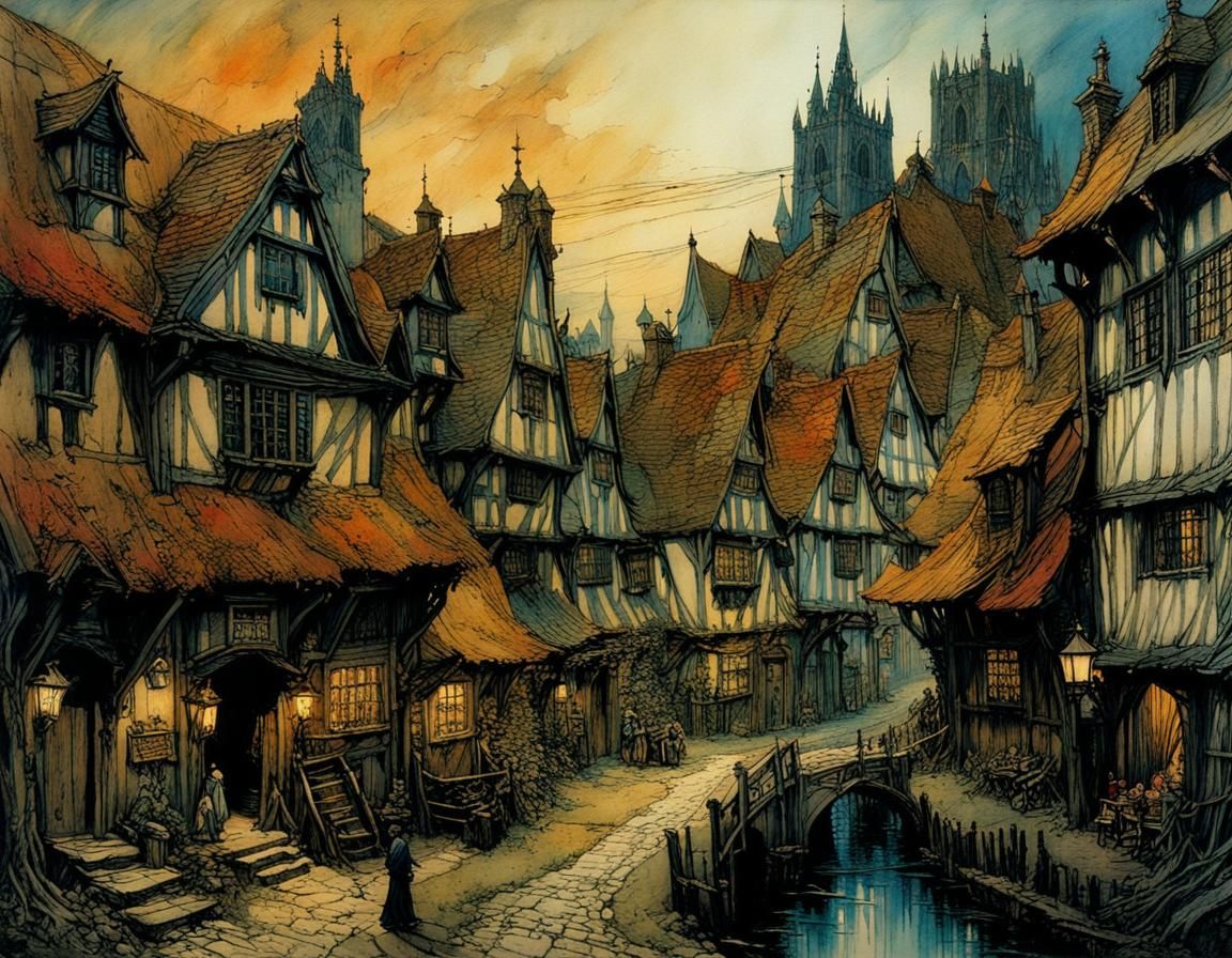 Mysterious Medieval Townscape at Twilight