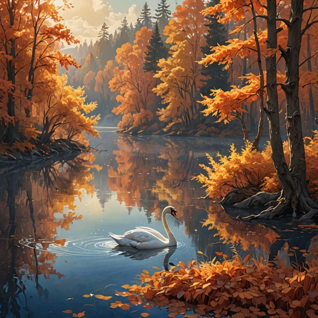 Swan on Autumn Lake: Fantasy Oil Painting