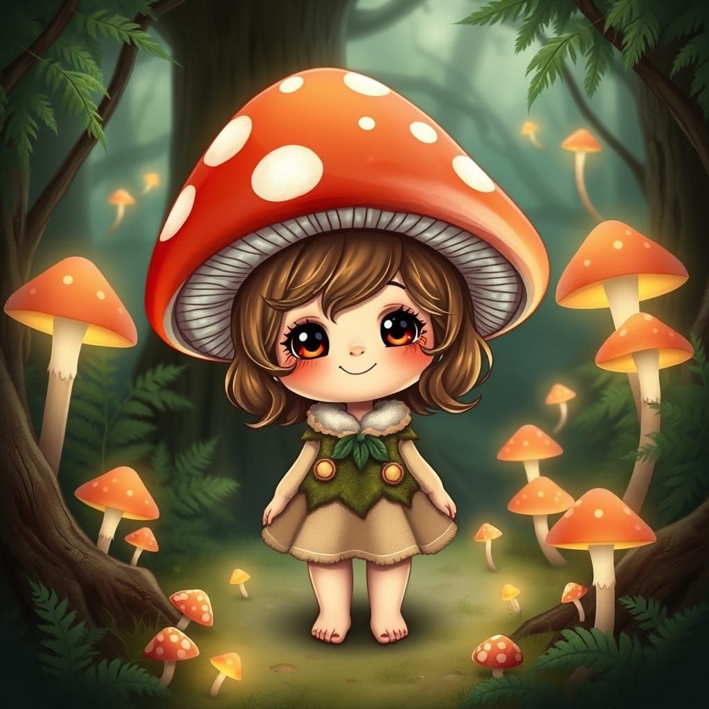 Mushroom Girl in Whimsical Forest Wonderland