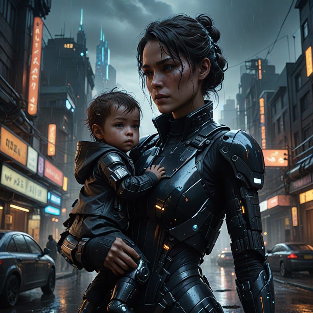 Cyborg Mother Protects Child in Futuristic City