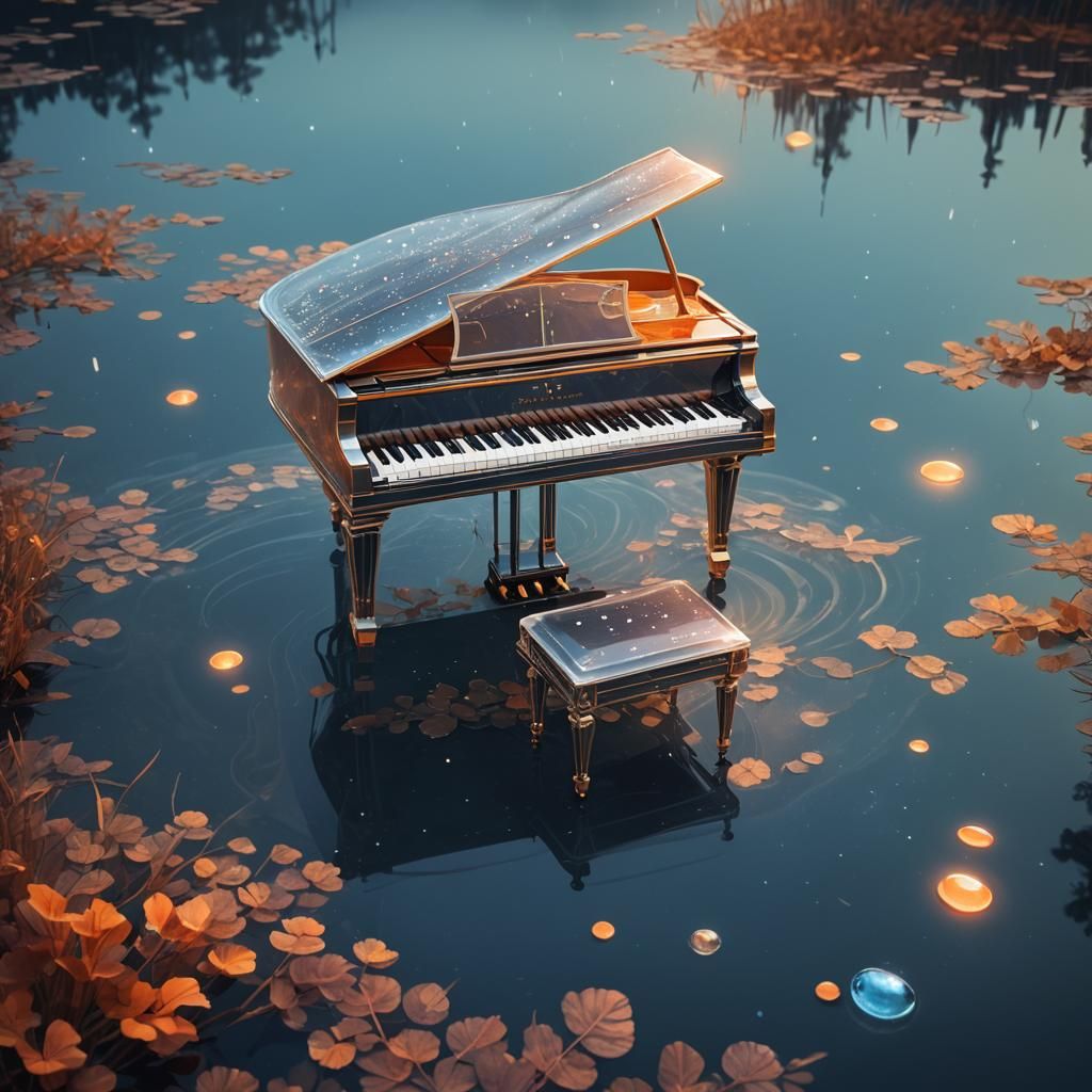 Water Piano in Moonlit Lake: Surreal Concept Art